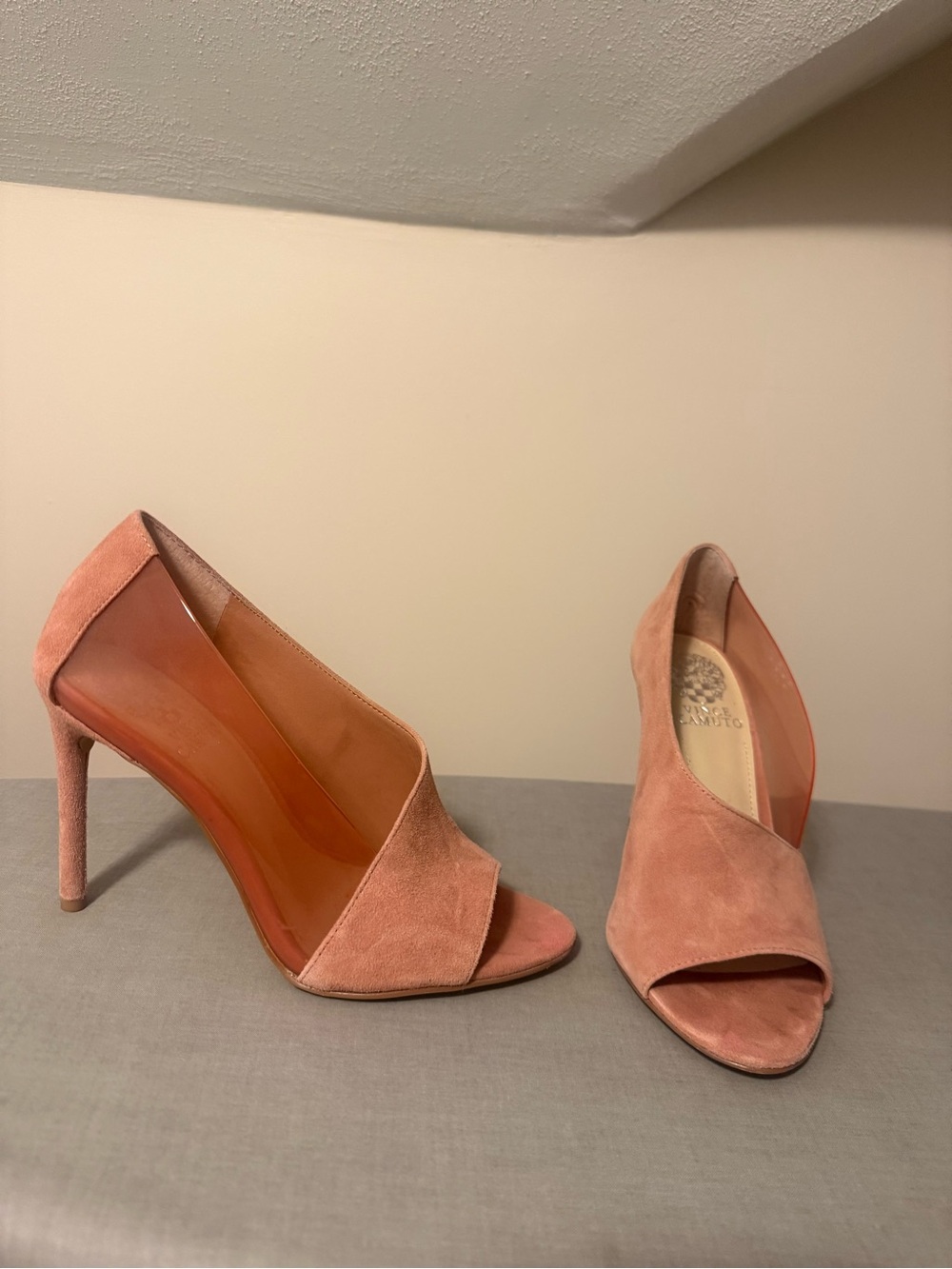Vince Camuto Suede Open-Toe Stiletto Heels in Dusty Pink